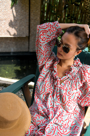 Ruffle Top and Pants Set in Red and Sage Blossom Curves