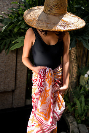 Sarong in Deep Red and Yellow Orange Corals