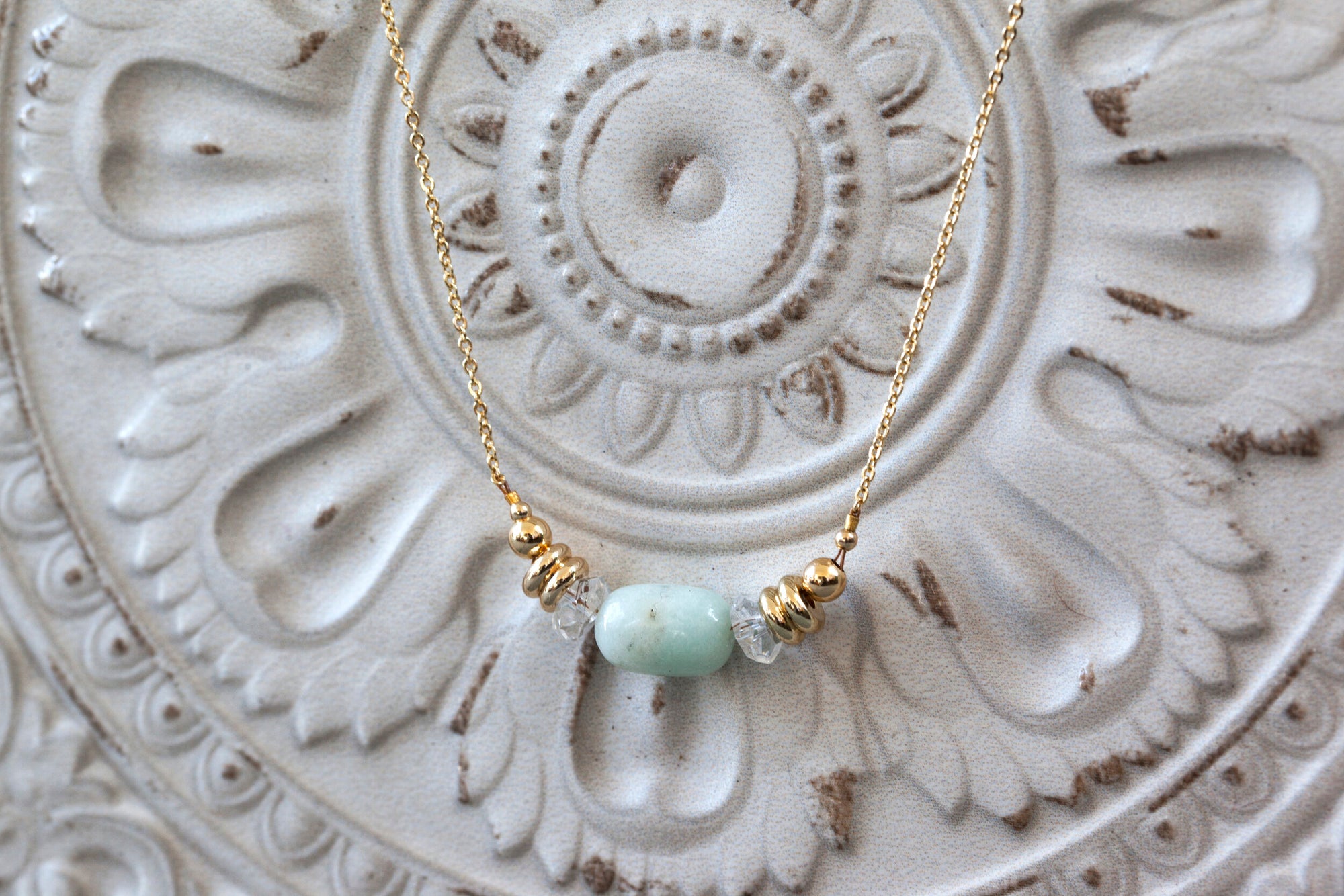 Perfectly Me Beaded Necklace with Amazonite Barrel and Clear Quartz (for women) PERF-AW1