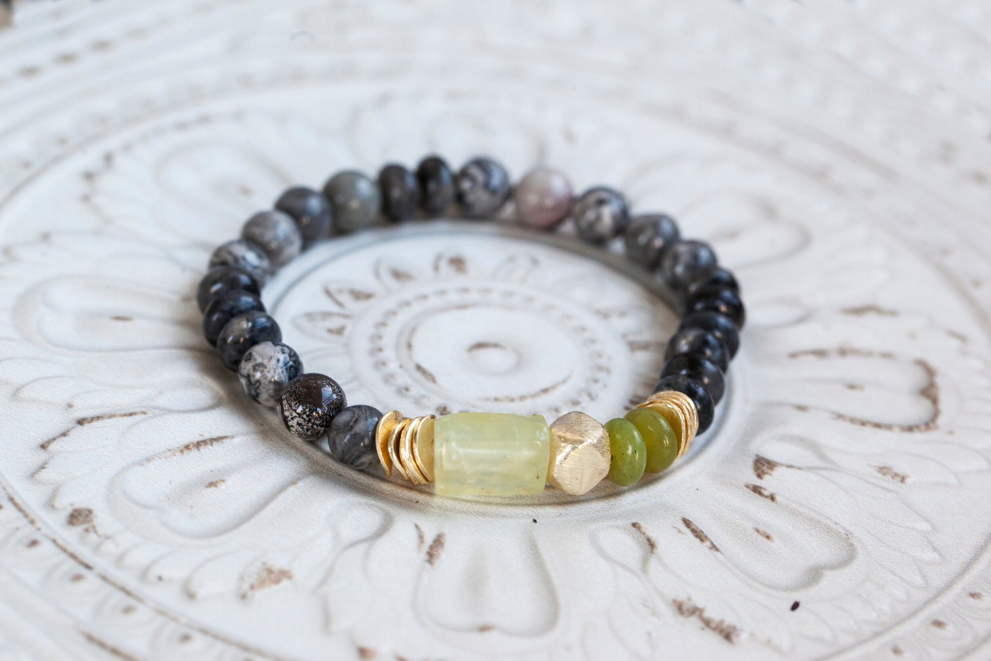 Peace Love & Harmony Bracelet with Prehnite, Jade and Earth Jasper (for men) PLH-AM1