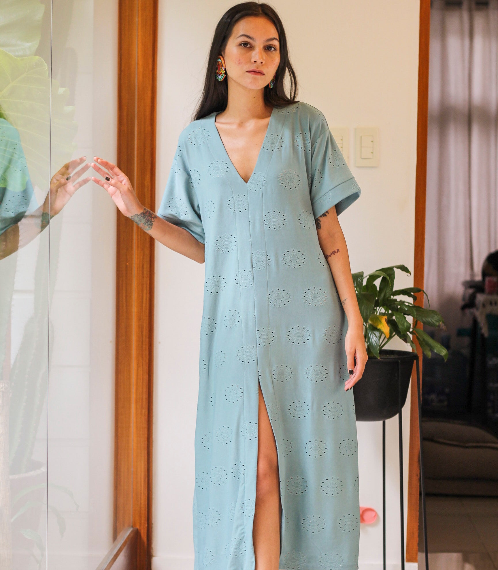 Resen Eyelet Caftan with Slit            (Muted Teal)