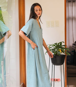 Resen Eyelet Caftan with Slit            (Muted Teal)