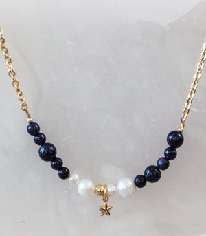Reach for the Stars Beaded Necklace - Blue Sandstone, Pearl & Star Pendant REACH-AW1
