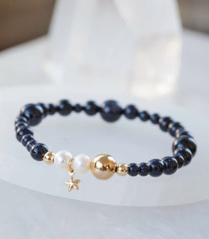 Reach for the Stars Bracelet - Blue Sandstone, Fresh Water Pearl, & Star Charm (for Women) REACH-AW2