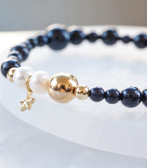 Reach for the Stars Bracelet - Blue Sandstone, Fresh Water Pearl, & Star Charm (for Women) REACH-AW2