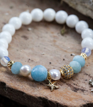 Tranquility & Truth Bracelet - Aquamarine, Pearl, Opal, White Shell and Starfish Pendant TT-CW1