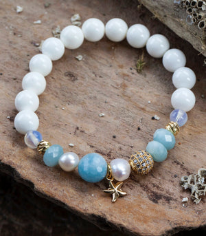Tranquility & Truth Bracelet - Aquamarine, Pearl, Opal, White Shell and Starfish Pendant TT-CW1