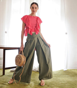 Pants - Petrosani Pleated Wide Leg Pants (Olive)